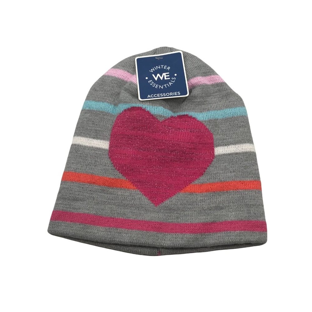 Winter Essentials Girls One Size Gray Multicolor Stripe Heart Knit Beanie New